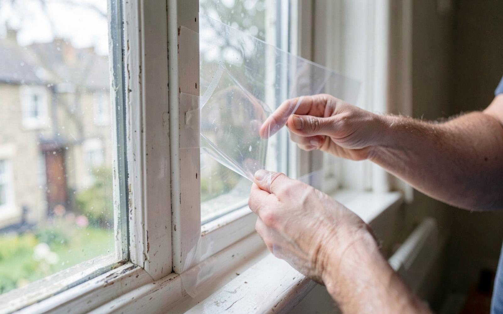 Hands smoothing clear insulating film onto double-sided tape around an old white window frame