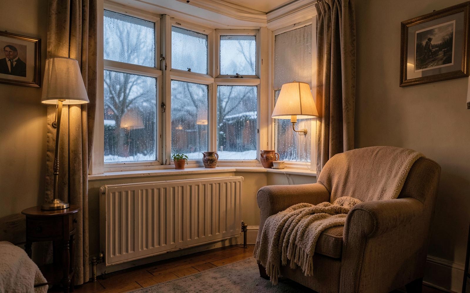 Warm British living room on a winter evening with a bay window, radiator and armchair