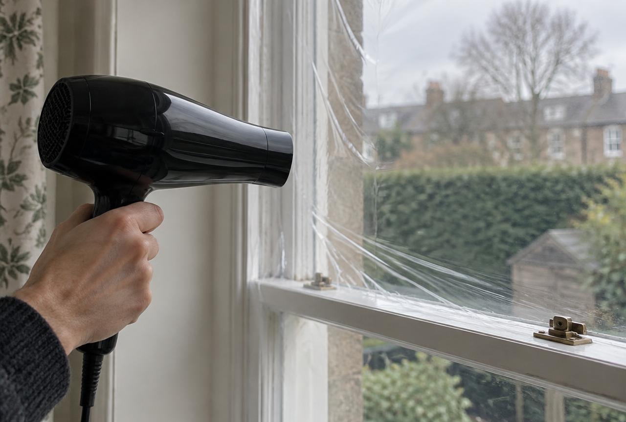 Using a hairdryer to shrink secondary glazing film tight across an old window